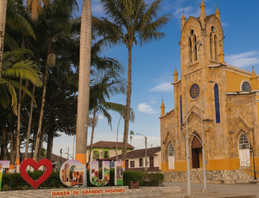 Parque Principal de Togüí Boyacá con iglesia parroquial y fachadas republicanas, rodeado de montañas y cañones verdes.