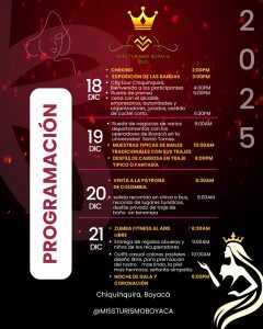 ¡Claro! Con base en la información de las imágenes del "Reinado Miss Turismo Boyacá 2025" en Chiquinquirá, aquí tienes un texto que puedes usar para tu sitio web, organizado en secciones claras: 👑 ¡Vive la Belleza, Cultura y Turismo en el Reinado Miss Turismo Boyacá 2025! 👑