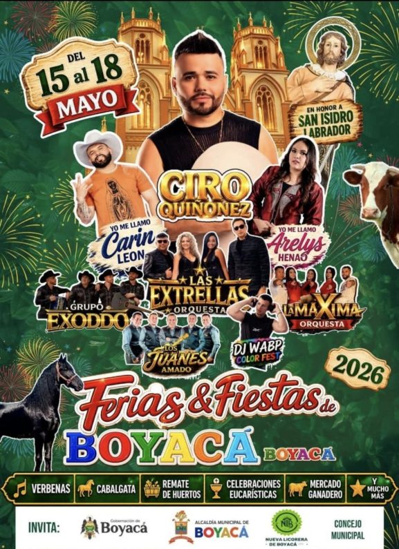 Desfile y celebración de ferias y fiestas en un municipio de Boyacá con música, color y ambiente popular