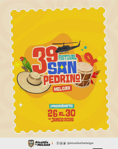 Desfile folclórico del 39° Festival Sanpedrino 2026 en Melgar con comparsas, música tradicional y trajes típicos del Tolima.