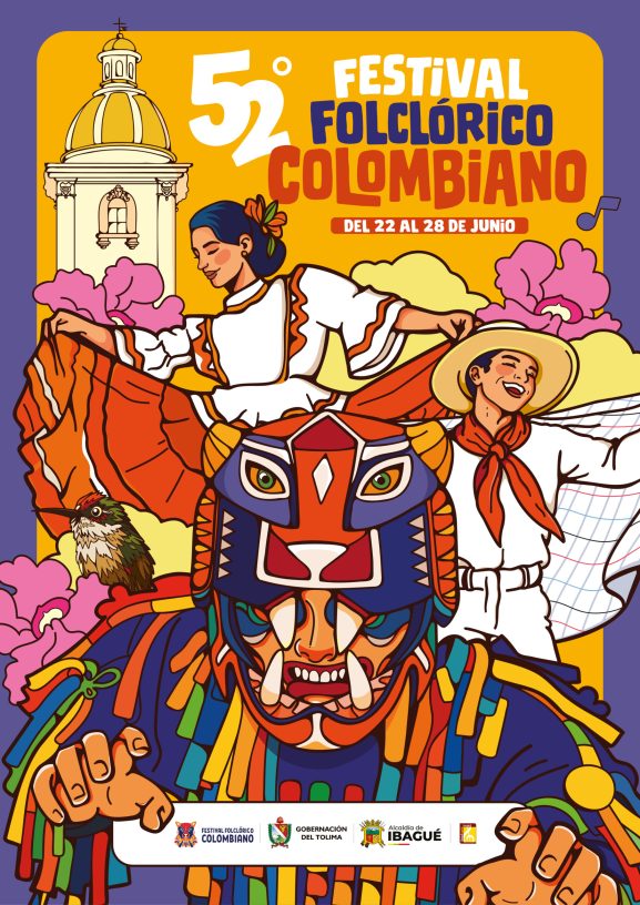 Desfile del Festival Folclórico Colombiano 2026 en Ibagué con comparsas, trajes típicos, música y danzas tradicionales.